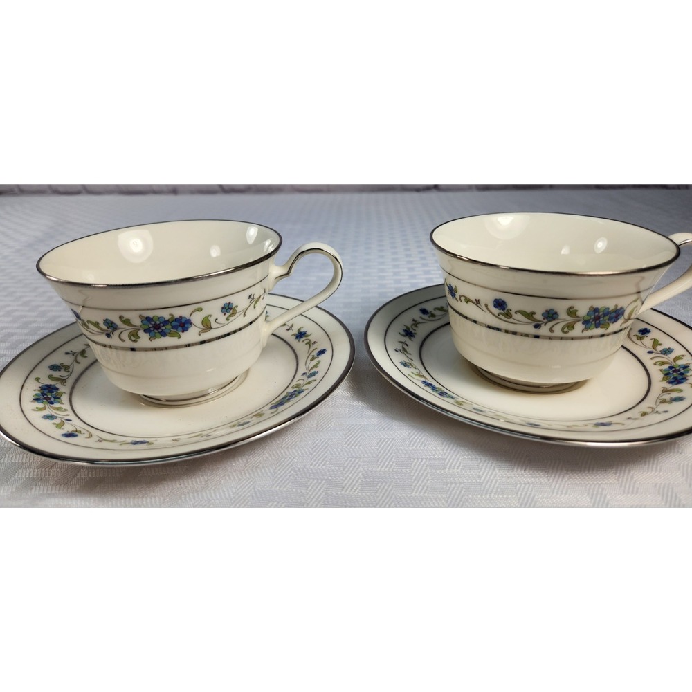 Noritake Norma 7016 China Ivory Floral Cups & Saucers Two Sets Blue Floral